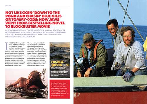 Vibrant page design for editorial article in Jaws 1975 Ultimate Guide magazine