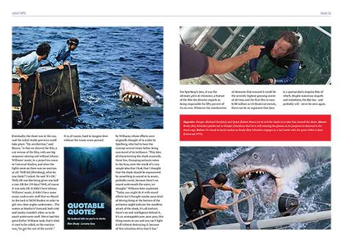 Page spread of Jaws 1975 magazine featuring prominent stills and editorial text