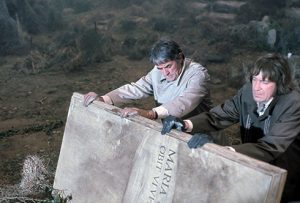Gregory Peck and David Warner in the cemetery scene from The Omen (20th Century Fox 1976)