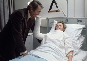 Gregory Peck and Lee Remick in the tender hospital scene in The Omen (20th Century Fox 1976)