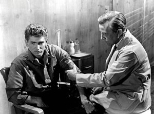 Michael Landon and Whit Bissell in a scene from I Was a Teenage Werewolf, 1957