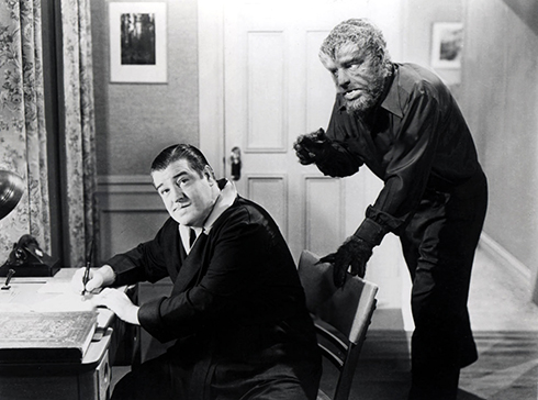 The Wolf Man make-up worn by Lon Chaney as Larry Talbot had evolved somewhat from its 1941 origins, thanks to Bud Westmore’s cost-cutting latex mask pieces seen with Lou Costello in Abbott and Costello Meet Frankenstein (Universal 1948)