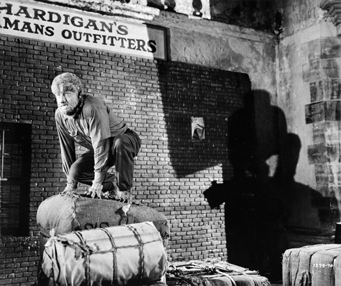 Larry Talbot (Lon Chaney) goes on the rampage in Cardiff after escaping from the city’s Queen’s Hospital in Frankenstein Meets the Wolf Man (Universal 1943)