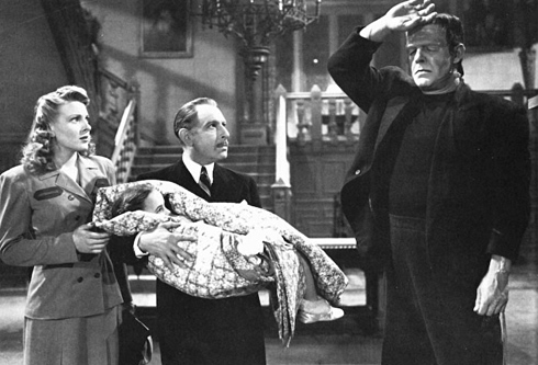 The Ghost of Frankenstein (Universal 1942) - image of Evelyn Ankers, Janet Ann Gallow, Lionel Atwill and Lon Chaney Jr