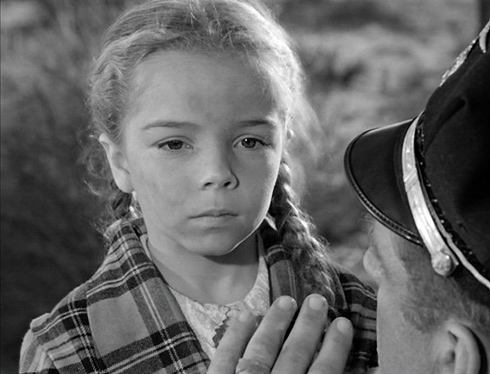 The Ellinson girl (Sandy Descher) is unresponsive to Sgt Ben Peterson (James Whitmore) in Them! Warner Brothers 1954)