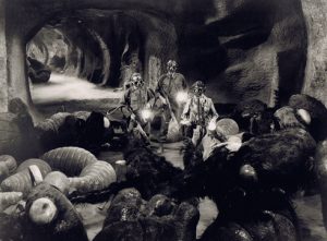 Sgt Ben Peterson (James Whitmore), Special Agent Robert Graham (James Arness) and Dr Pat Medford (Joan Weldon) explore the cyanide-ravaged nest in Them! (Warner Brothers 1954)