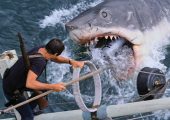 Roy Scheider as Martin Brody and Bruce the shark in the final moments of Jaws (Universal 1975)