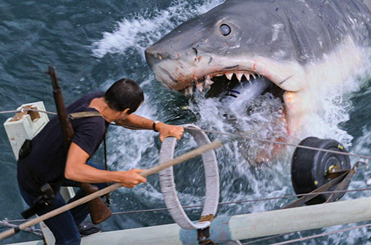 Roy Scheider as Martin Brody and Bruce the shark in the final moments of Jaws (Universal 1975)